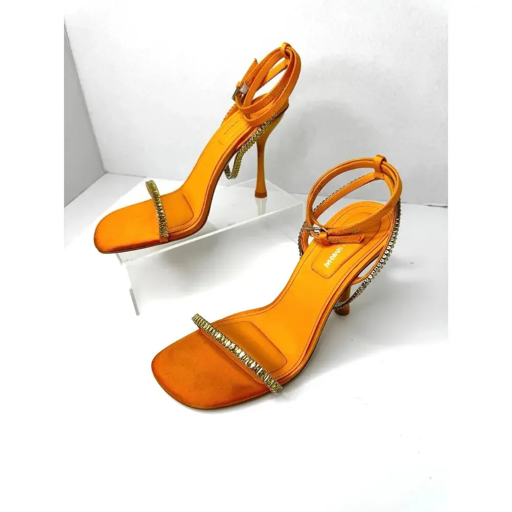 Simkhai Luxon Tangerine Crystal Embellished Harness Satin Sandals EU 37